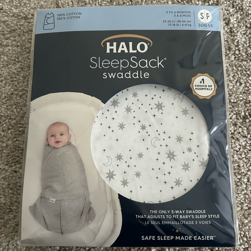 Halo Sleepsack Swaddle Cotton Small 3-6 Months Stars 1.5 TOG 13-18lbs 23-26” NWT